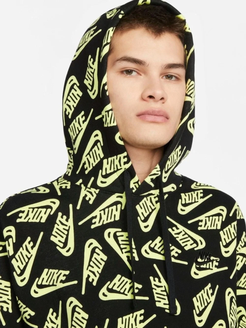 Nike Large Sportswear Men's Fleece Warm Pullover Hoodie Black Green Allover Logo